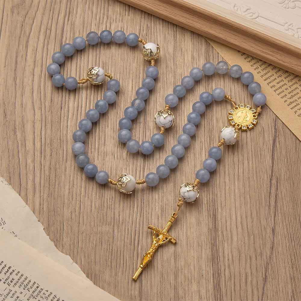 Christianartworkshop Aquamarine & White Howlite Rosary: Gold Filigree Details with St. Benedict for Serene Faith - image 5