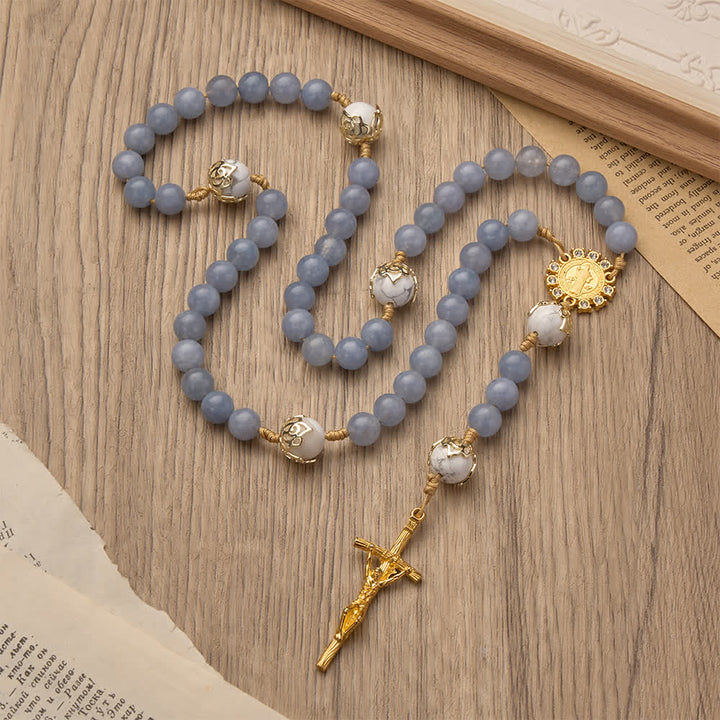 Christianartworkshop Aquamarine & White Howlite Rosary: Gold Filigree Details with St. Benedict for Serene Faith - image 5