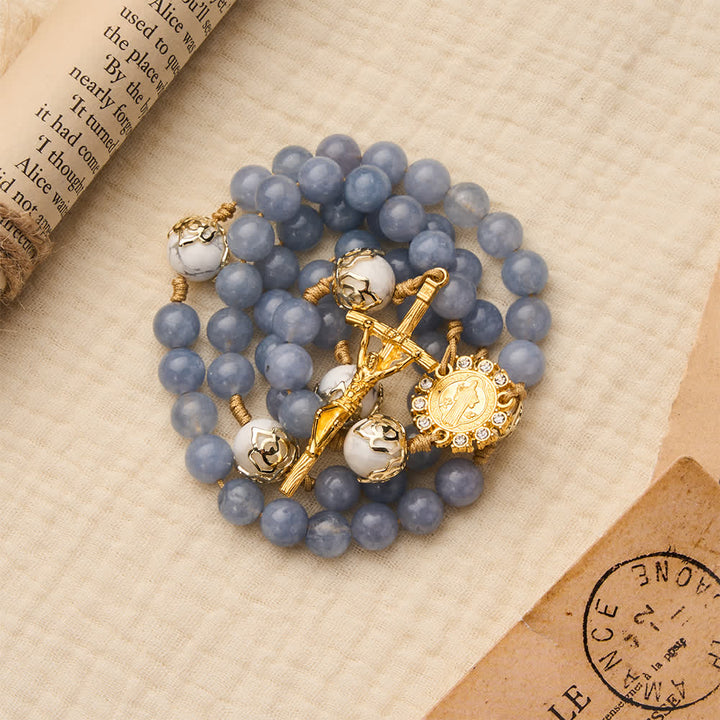 Christianartworkshop Aquamarine & White Howlite Rosary: Gold Filigree Details with St. Benedict for Serene Faith - image 3