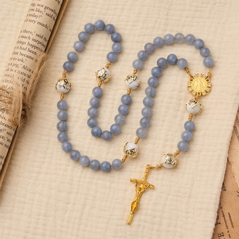 Christianartworkshop Aquamarine & White Howlite Rosary: Gold Filigree Details with St. Benedict for Serene Faith - St. Benedict & Crucifix - image 0