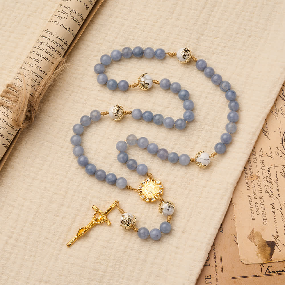 Christianartworkshop Aquamarine & White Howlite Rosary: Gold Filigree Details with St. Benedict for Serene Faith - image 2