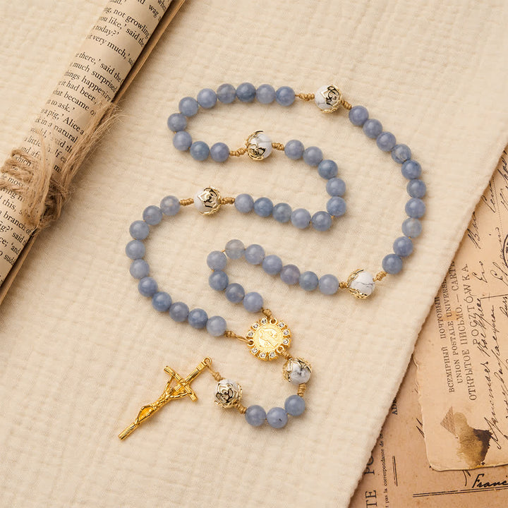 Christianartworkshop Aquamarine & White Howlite Rosary: Gold Filigree Details with St. Benedict for Serene Faith - image 2