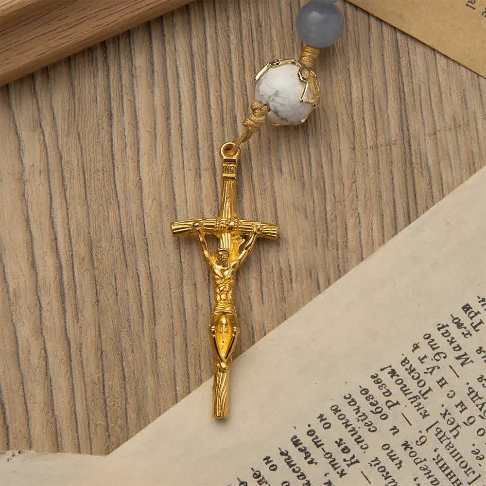 Christianartworkshop Aquamarine & White Howlite Rosary: Gold Filigree Details with St. Benedict for Serene Faith - image 7