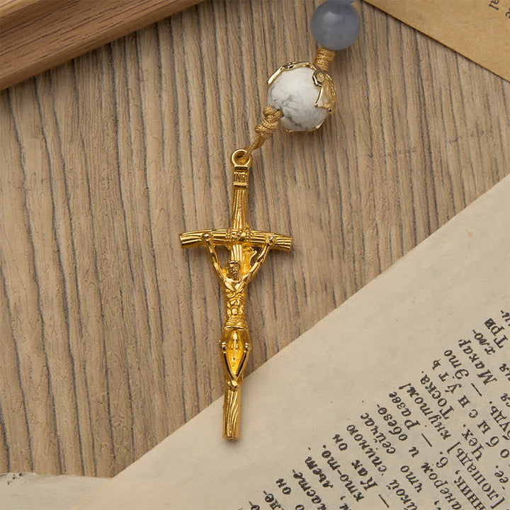 Christianartworkshop Aquamarine & White Howlite Rosary: Gold Filigree Details with St. Benedict for Serene Faith - image 7