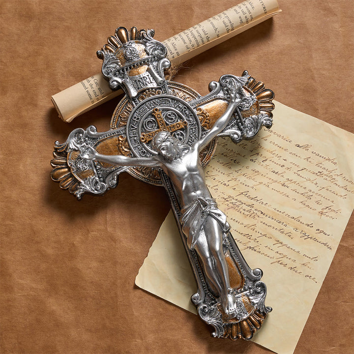 Christianartworkshop Vintage Silver & Gold Tone Crucifix Wall Hanging with INRI Inscription: A Reminder of Divine Sacrifice - Crucifix - image 0