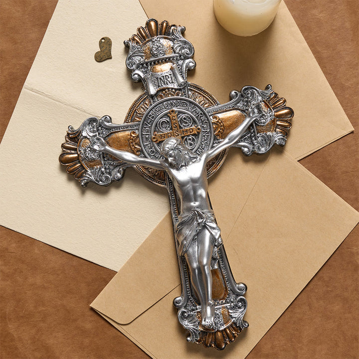 Christianartworkshop Vintage Silver & Gold Tone Crucifix Wall Hanging with INRI Inscription: A Reminder of Divine Sacrifice - image 2