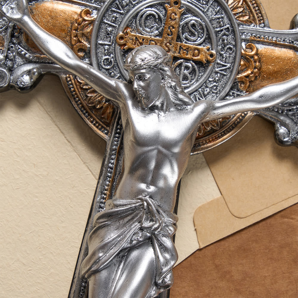 Christianartworkshop Vintage Silver & Gold Tone Crucifix Wall Hanging with INRI Inscription: A Reminder of Divine Sacrifice - image 4