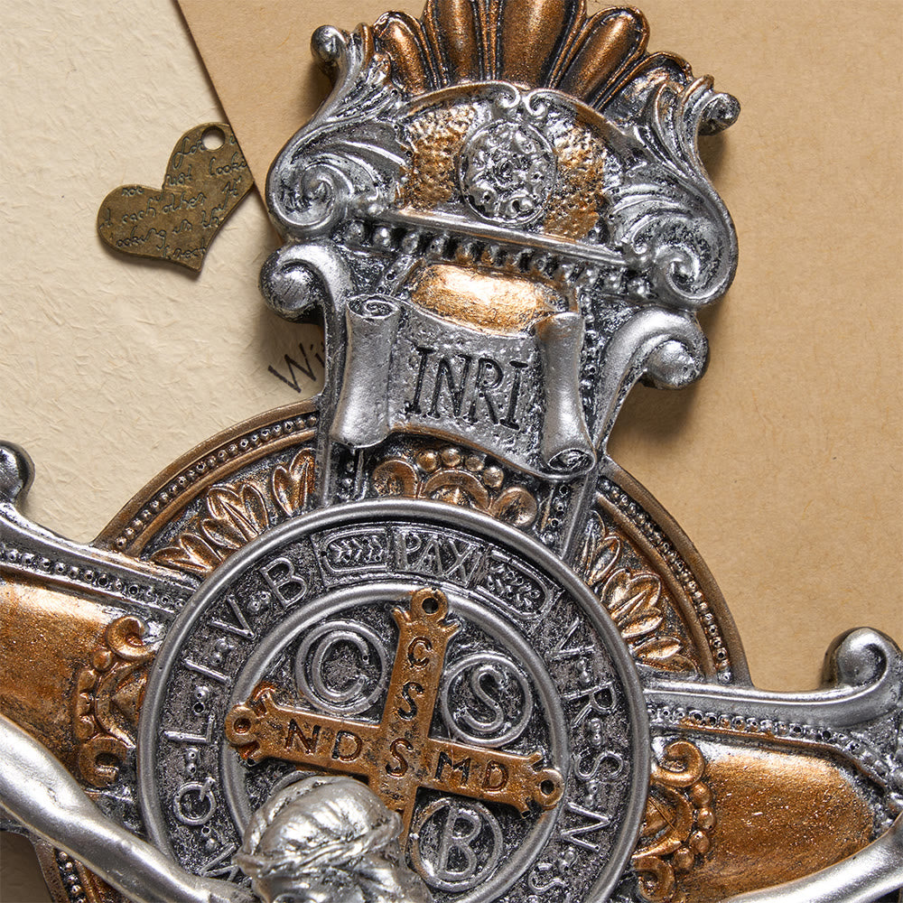 Christianartworkshop Vintage Silver & Gold Tone Crucifix Wall Hanging with INRI Inscription: A Reminder of Divine Sacrifice - image 3
