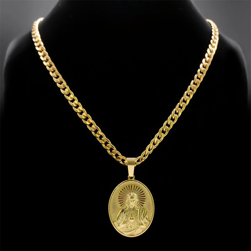 FREE Today: Stainless Steel Sacred Heart Jesus Necklace with Cuban Link Chain: A Reminder of Devotion - image 1