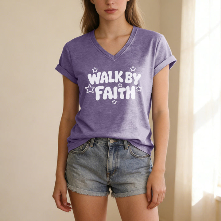 Christianartworkshop Walk By Faith Star Print Casual V-neck T-shirt - image 17