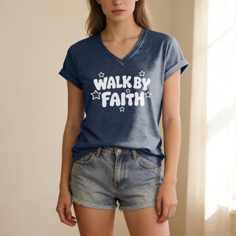Christianartworkshop Walk By Faith Star Print Casual V-neck T-shirt - image 19