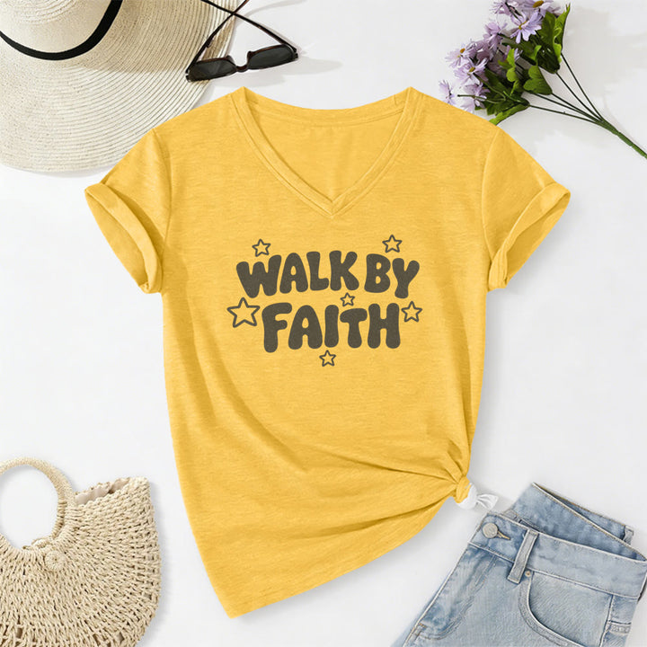 Christianartworkshop Walk By Faith Star Print Casual V-neck T-shirt - Yellow - 2XL - image 2
