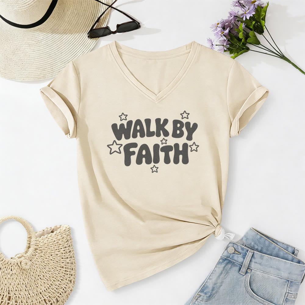 Christianartworkshop Walk By Faith Star Print Casual V-neck T-shirt - Beige - 2XL - image 0