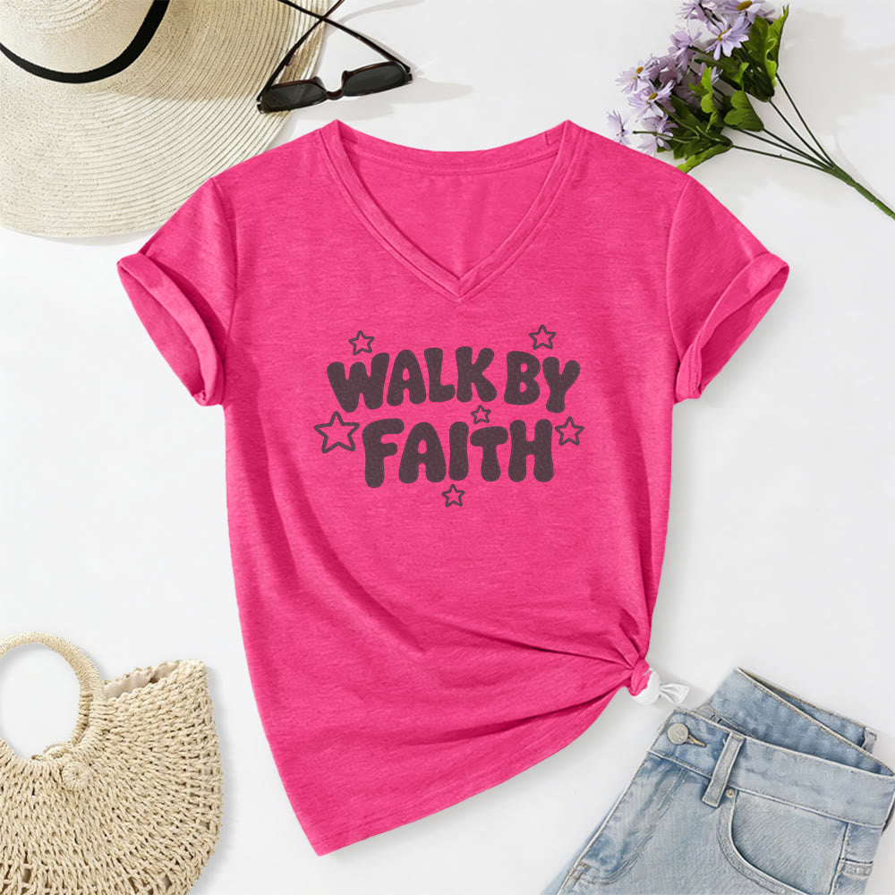 Christianartworkshop Walk By Faith Star Print Casual V-neck T-shirt - Rose - 2XL - image 24