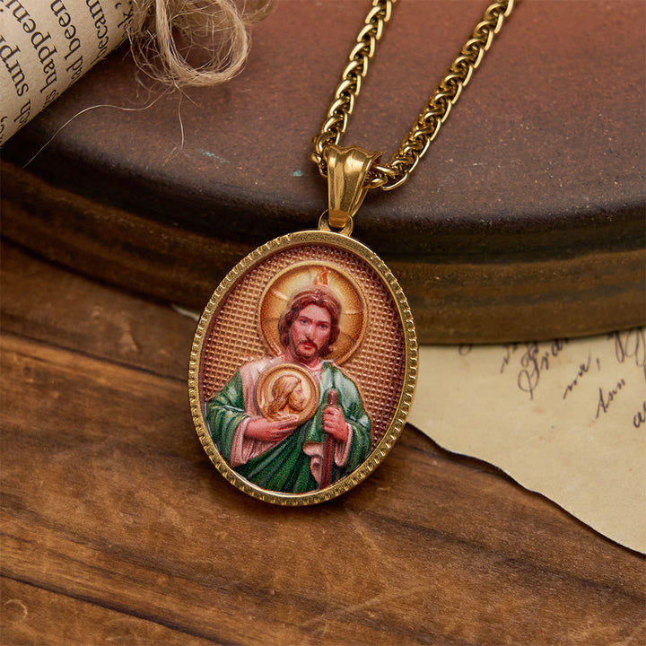 Christianartworkshop Elegant Enameled Religious Portrait Necklace with Gold Frame: An Emblem of Faith and Protection - St. Jude - image 5