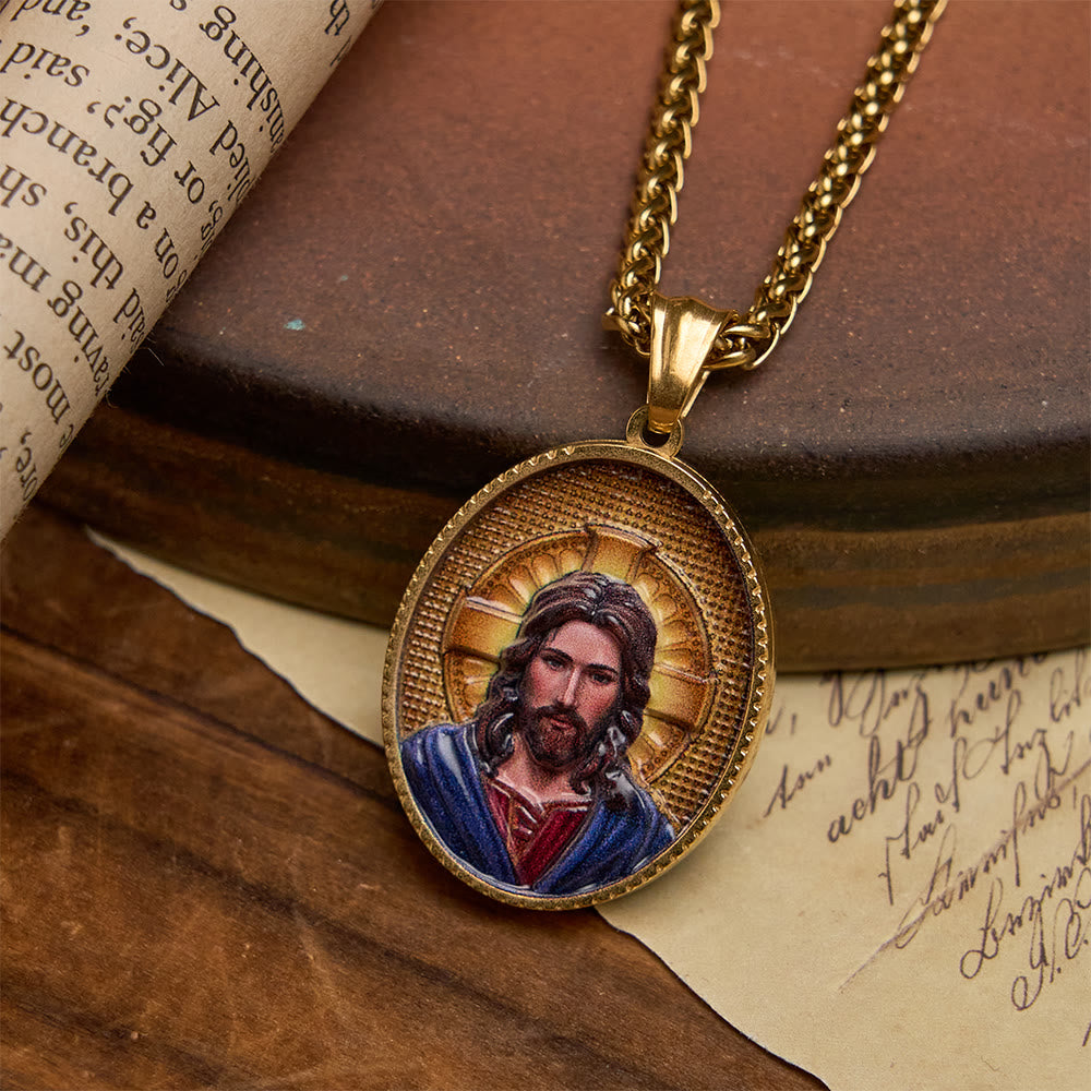 Christianartworkshop Elegant Enameled Religious Portrait Necklace with Gold Frame: An Emblem of Faith and Protection - Jesus - image 6