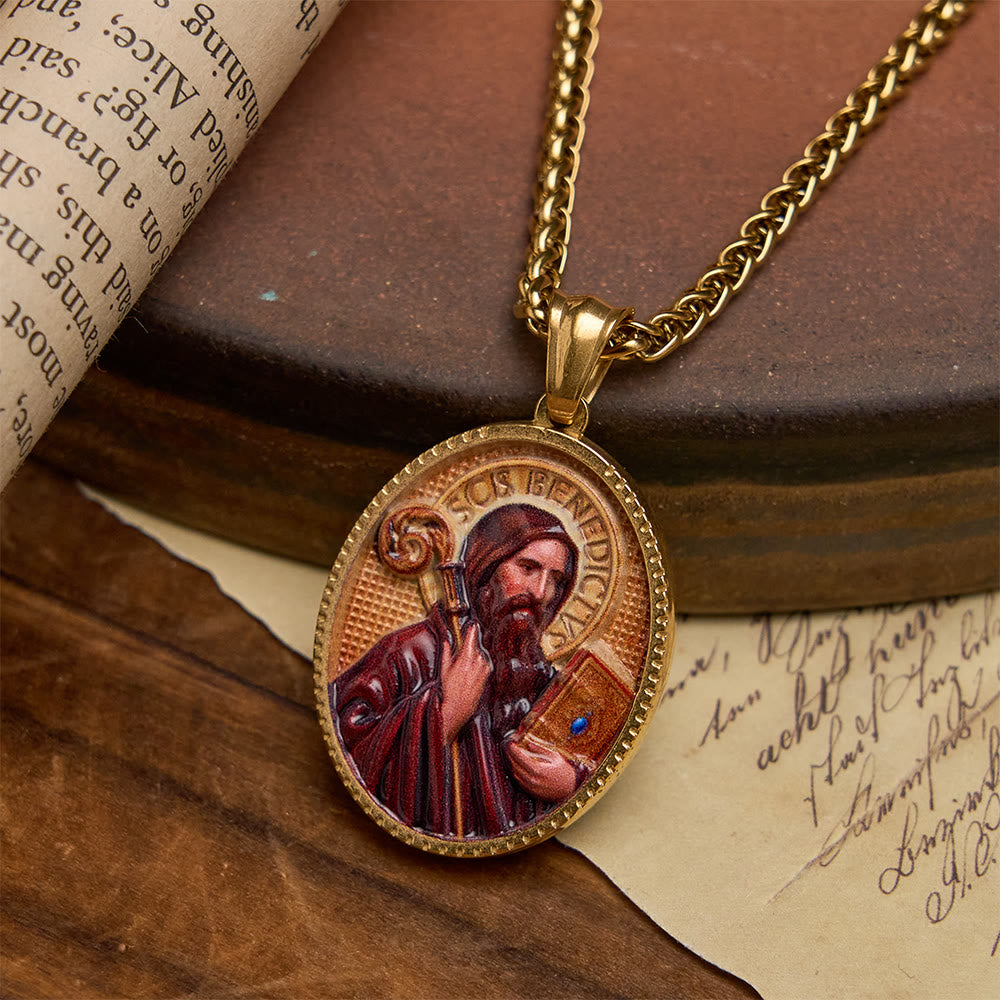 Christianartworkshop Elegant Enameled Religious Portrait Necklace with Gold Frame: An Emblem of Faith and Protection - St. Benedict - image 2