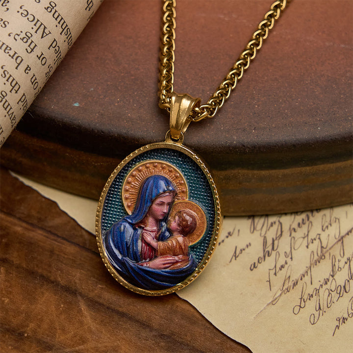 Christianartworkshop Elegant Enameled Religious Portrait Necklace with Gold Frame: An Emblem of Faith and Protection - Madonna and Child - image 3