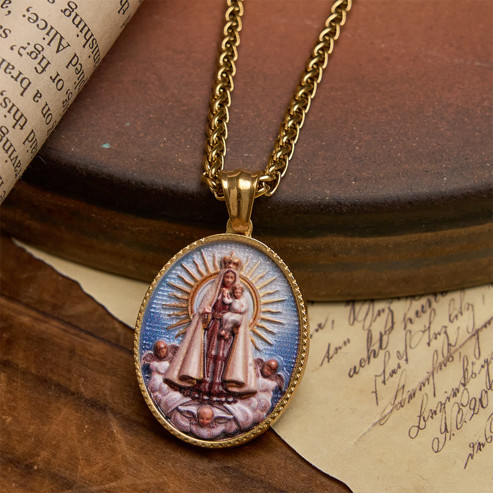 Christianartworkshop Elegant Enameled Religious Portrait Necklace with Gold Frame: An Emblem of Faith and Protection - Our Lady of Mount Carmel - image 4