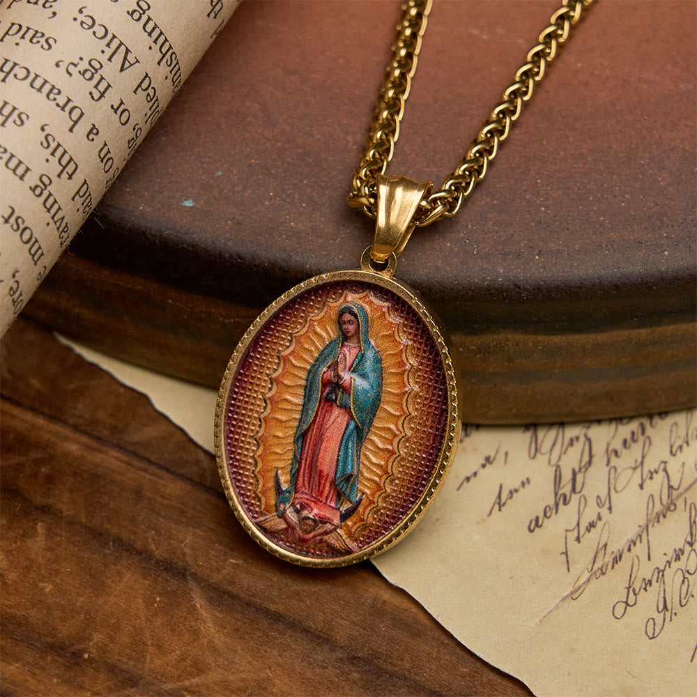 Christianartworkshop Elegant Enameled Religious Portrait Necklace with Gold Frame: An Emblem of Faith and Protection - Our Lady of Guadalupe - image 1