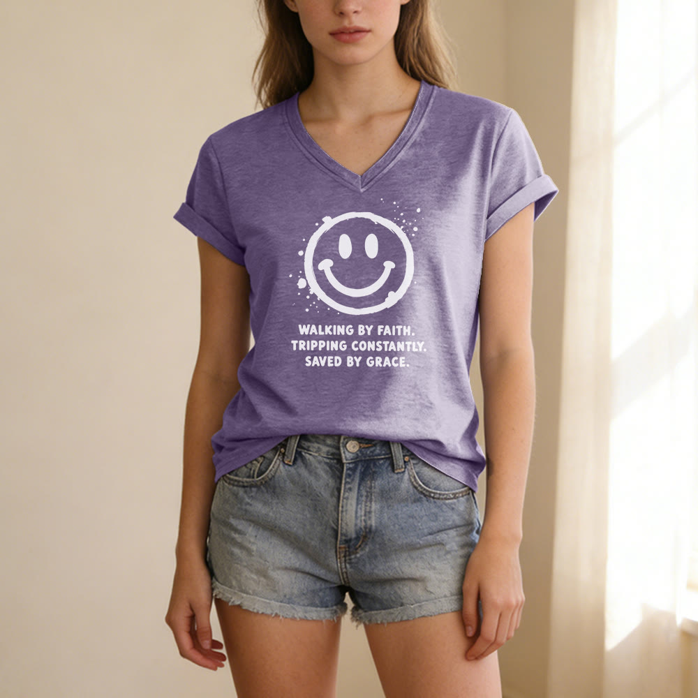 Christianartworkshop Walking By Faith Smiley Print Casual V-neck T-shirt - image 19