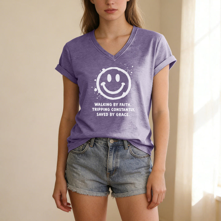 Christianartworkshop Walking By Faith Smiley Print Casual V-neck T-shirt - image 19