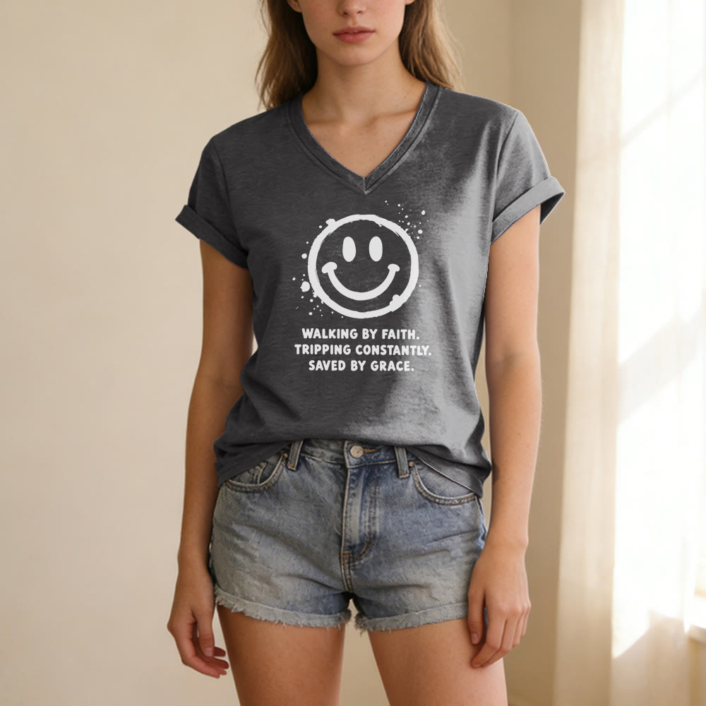 Christianartworkshop Walking By Faith Smiley Print Casual V-neck T-shirt - image 23