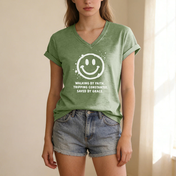 Christianartworkshop Walking By Faith Smiley Print Casual V-neck T-shirt - image 7