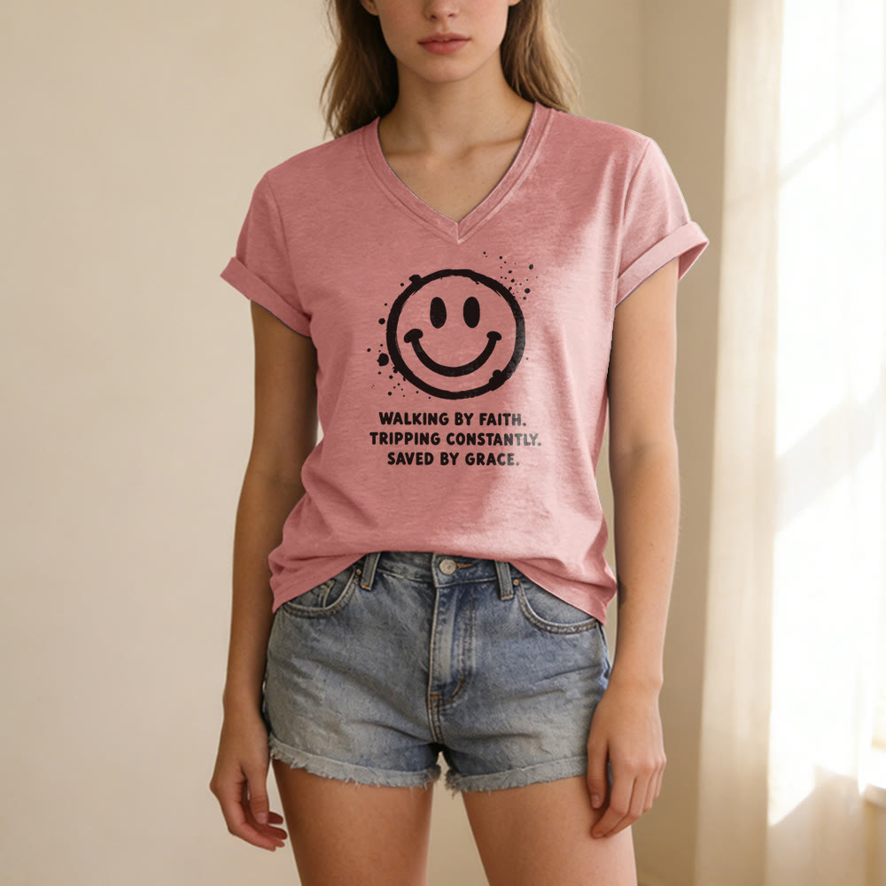 Christianartworkshop Walking By Faith Smiley Print Casual V-neck T-shirt - image 13