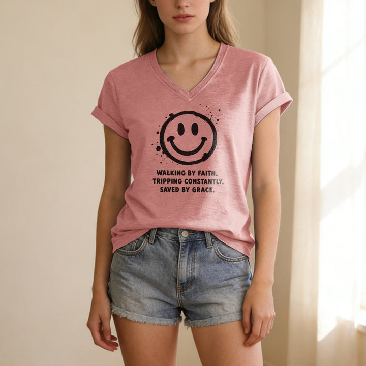 Christianartworkshop Walking By Faith Smiley Print Casual V-neck T-shirt - image 13