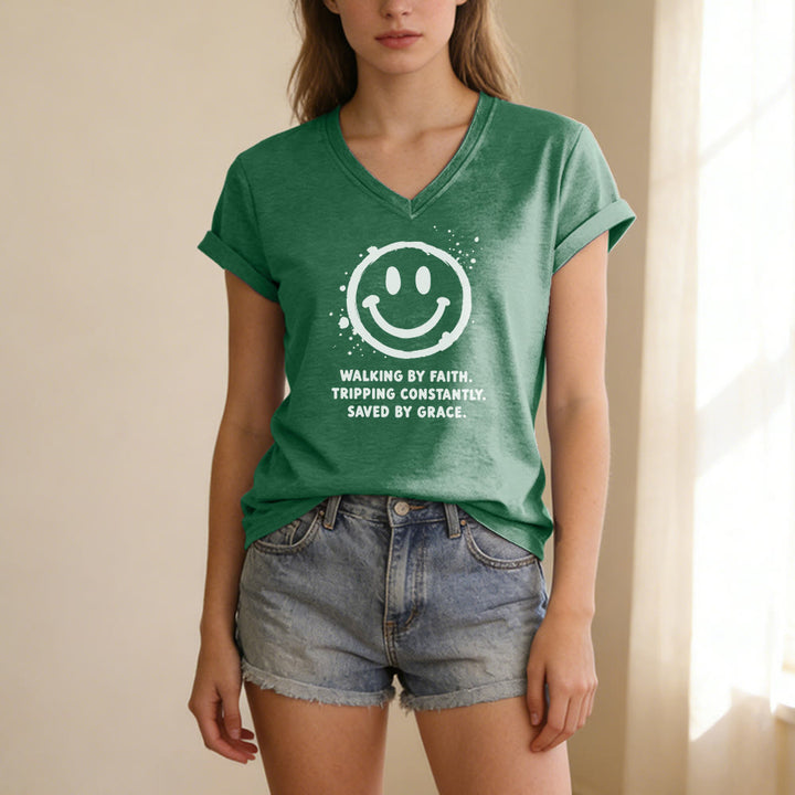 Christianartworkshop Walking By Faith Smiley Print Casual V-neck T-shirt - image 17