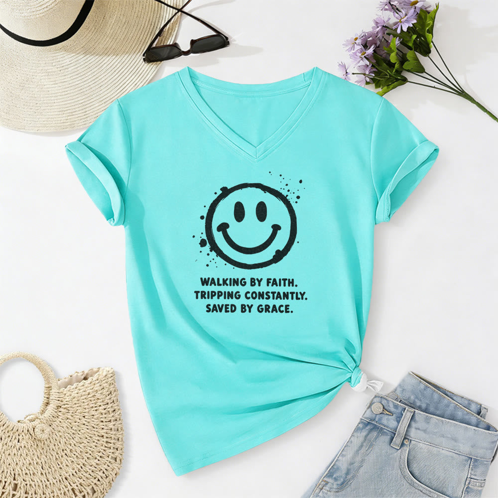 Christianartworkshop Walking By Faith Smiley Print Casual V-neck T-shirt - Sky Blue - 2XL - image 10