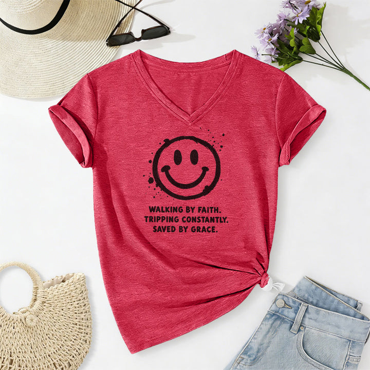 Christianartworkshop Walking By Faith Smiley Print Casual V-neck T-shirt - Red - 2XL - image 0