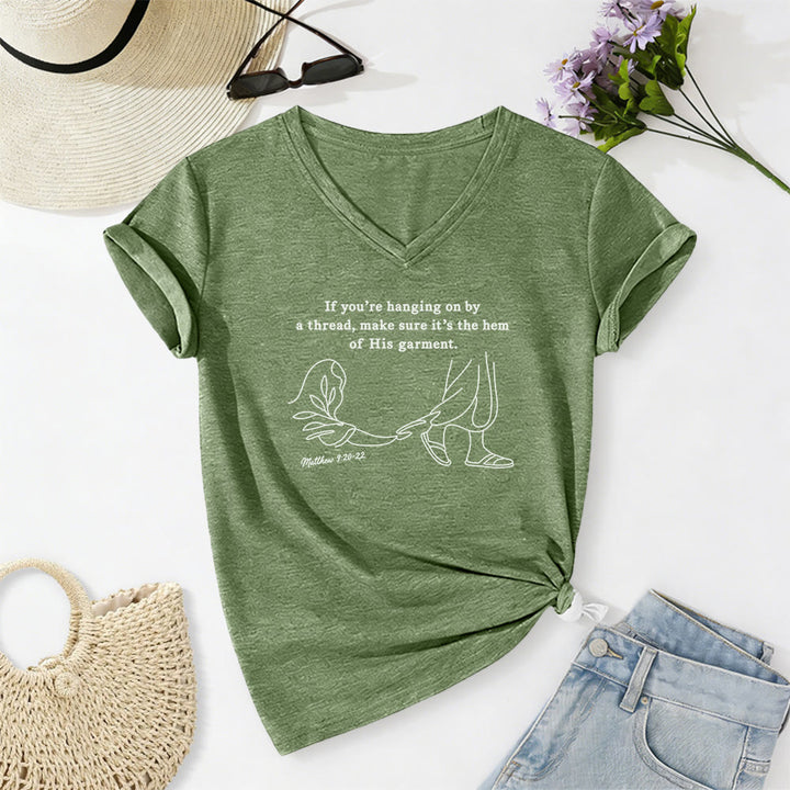 Christianartworkshop Hem of His Garment Matthew 9:20-22 Print Casual V-neck T-shirt - Olive Green - 2XL - image 6