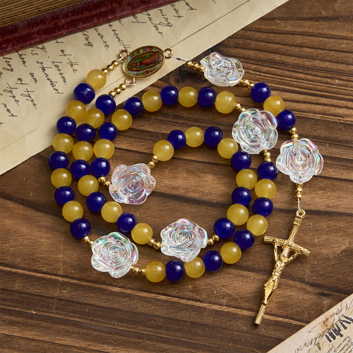 Christianartworkshop Blue & Yellow Guadalupe Rosary: Iridescent Rose Beads with Golden Crucifix - image 1