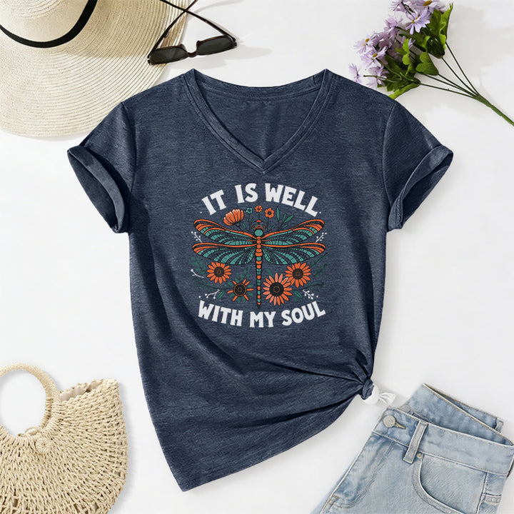 Christianartworkshop It Is Well With My Soul Dragonfly Floral Print Casual V-neck T-shirt - Navy Blue - 2XL - image 18