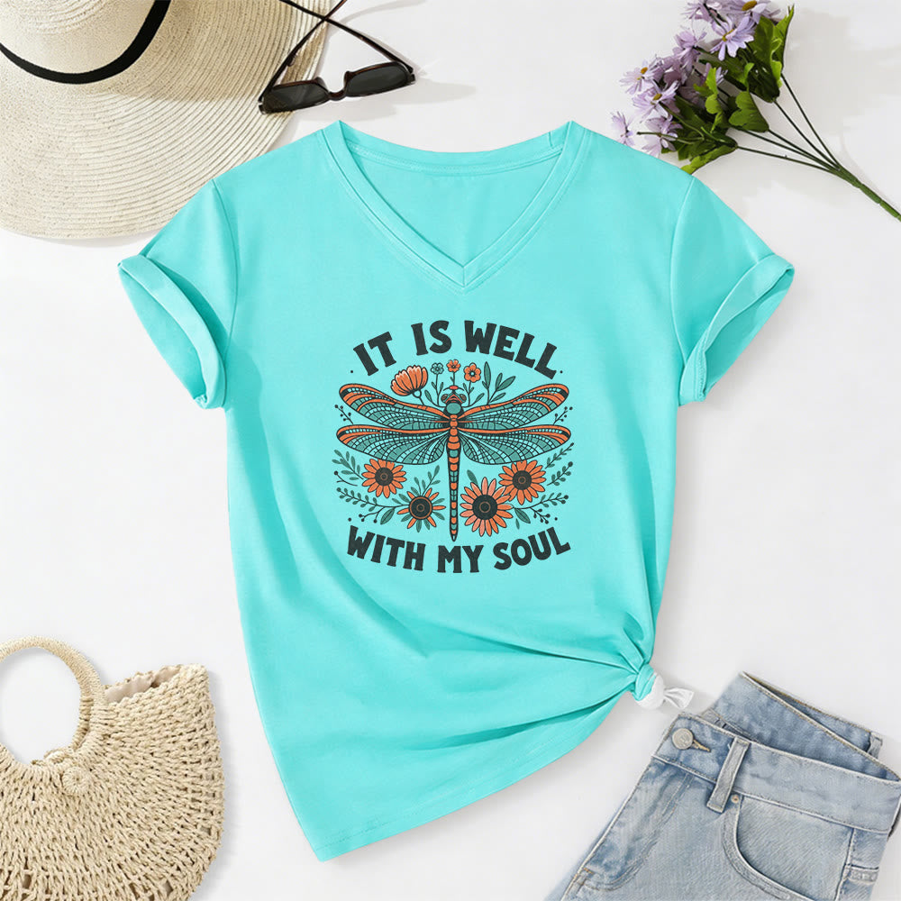 Christianartworkshop It Is Well With My Soul Dragonfly Floral Print Casual V-neck T-shirt - Sky Blue - 2XL - image 0