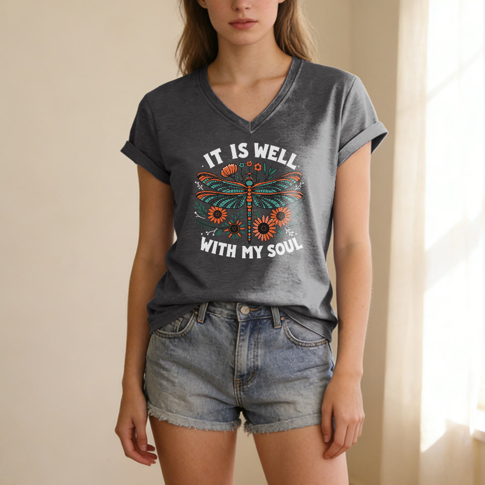 Christianartworkshop It Is Well With My Soul Dragonfly Floral Print Casual V-neck T-shirt - image 21