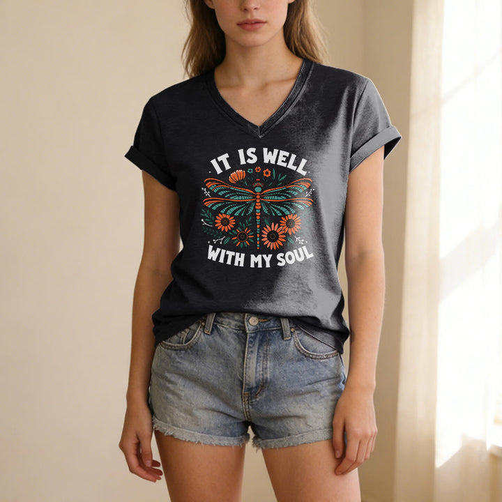 Christianartworkshop It Is Well With My Soul Dragonfly Floral Print Casual V-neck T-shirt - image 13