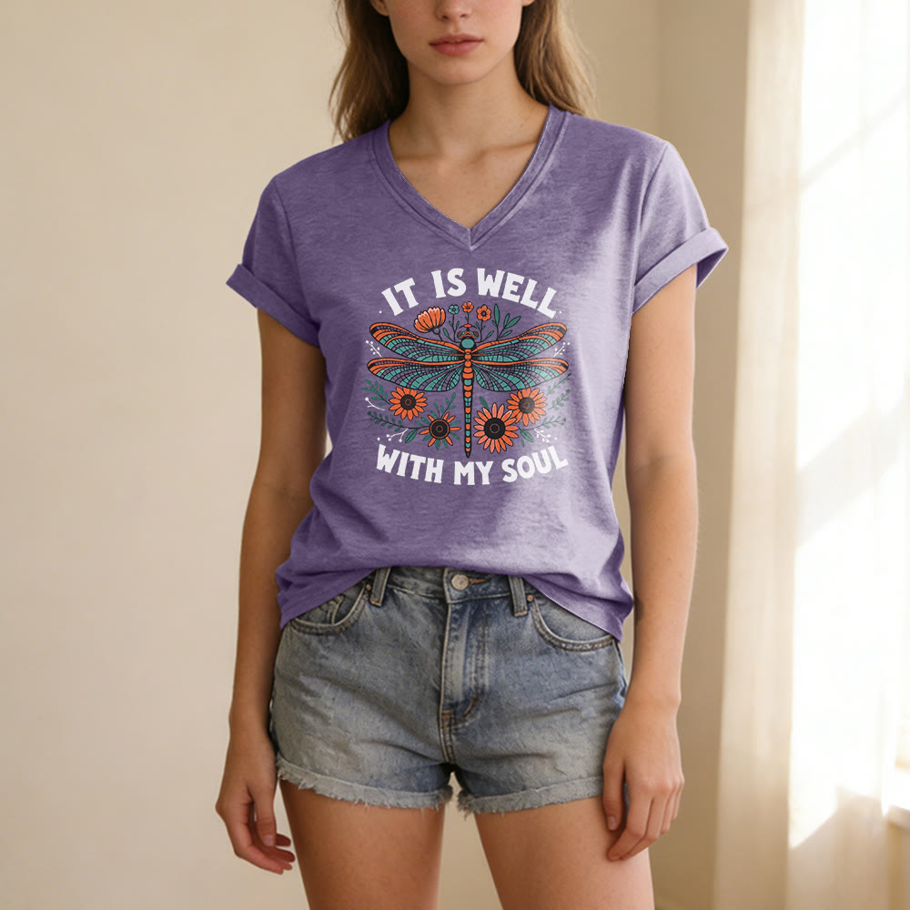 Christianartworkshop It Is Well With My Soul Dragonfly Floral Print Casual V-neck T-shirt - image 17