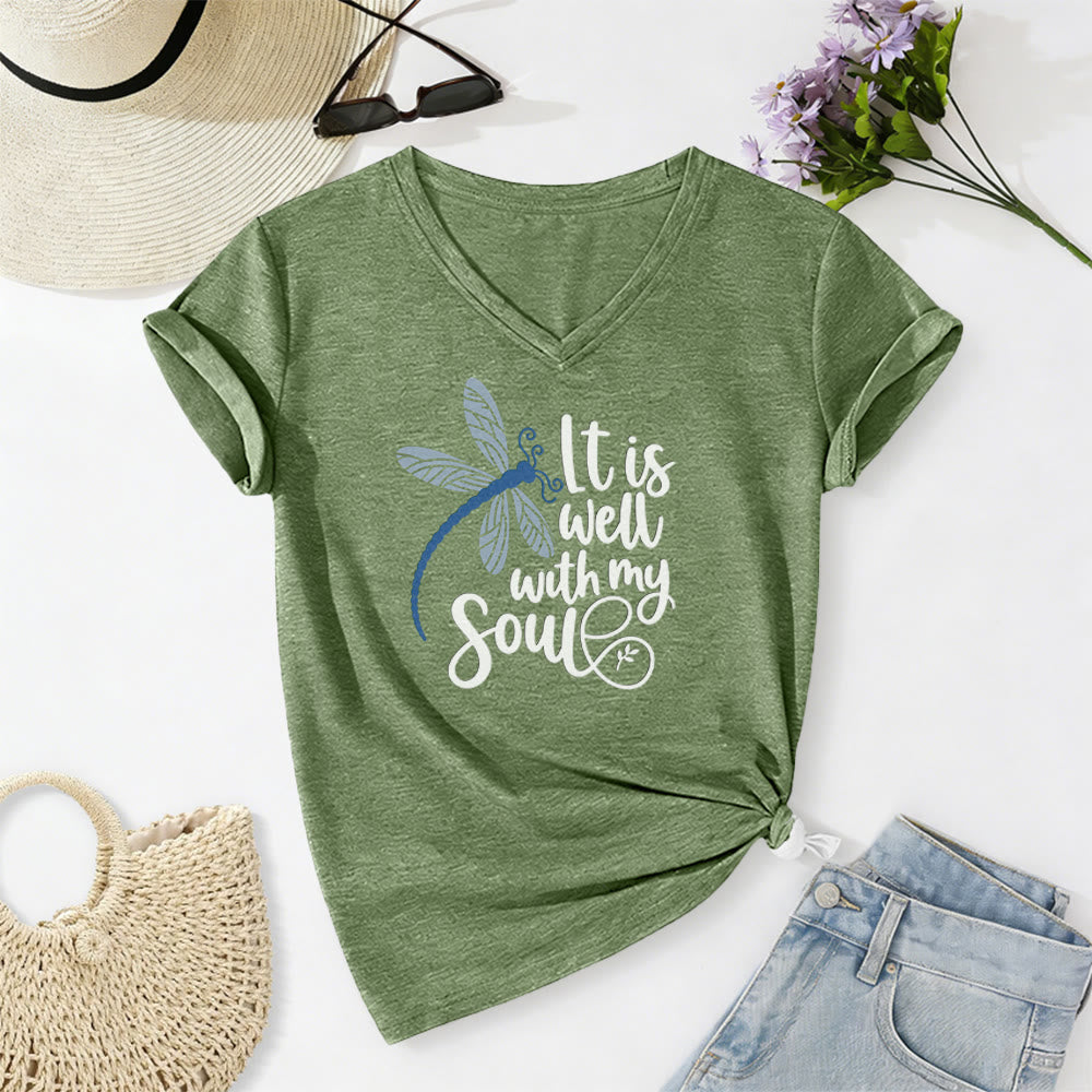 Christianartworkshop It Is Well With My Soul  Dragonfly Calligraphy Print Casual V-neck T-shirt - Olive Green - 2XL - image 4