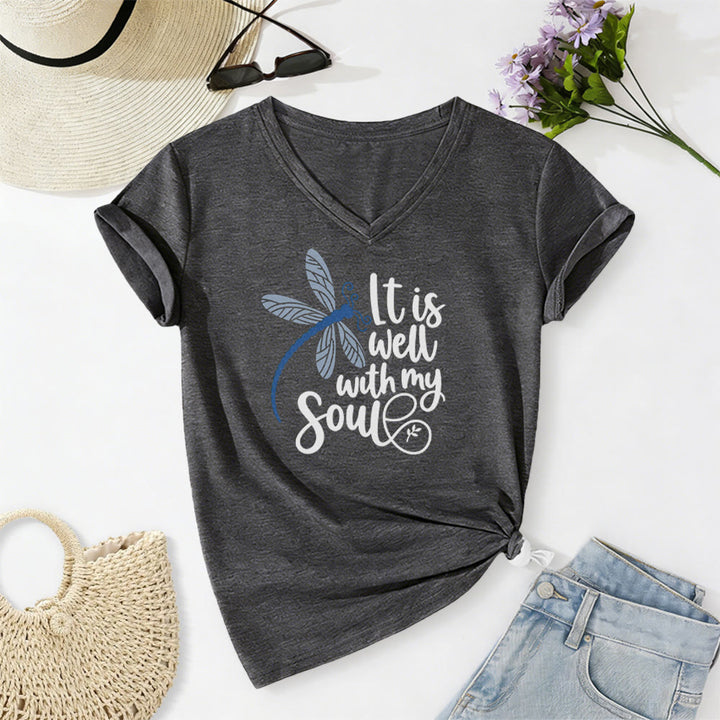 Christianartworkshop It Is Well With My Soul  Dragonfly Calligraphy Print Casual V-neck T-shirt - Dark Grey - 2XL - image 20