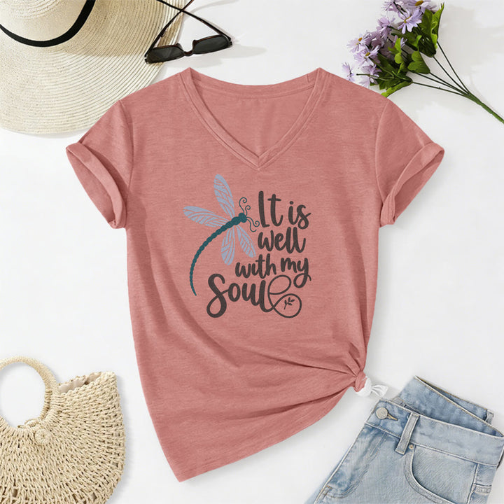 Christianartworkshop It Is Well With My Soul  Dragonfly Calligraphy Print Casual V-neck T-shirt - Light Pink - 2XL - image 10