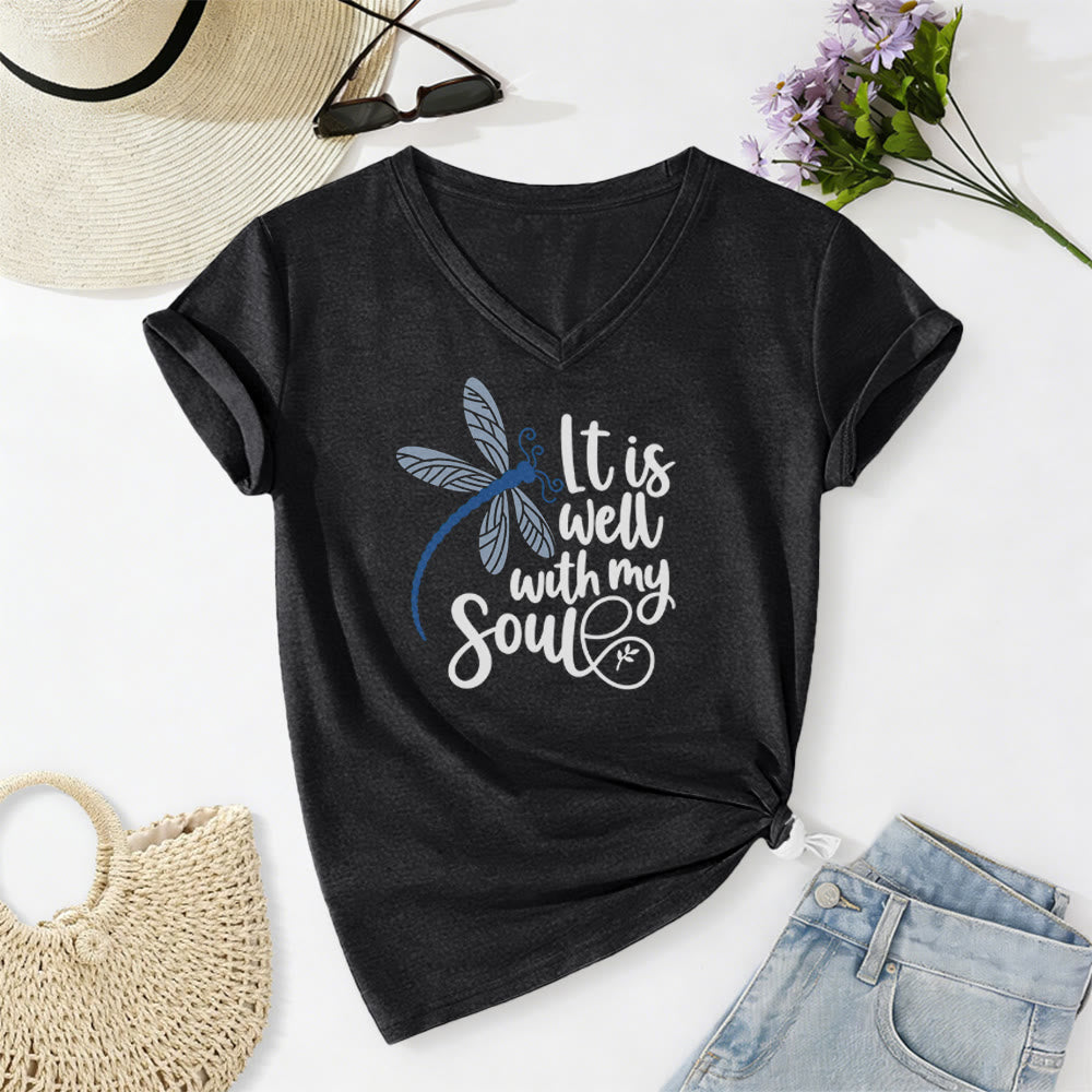 Christianartworkshop It Is Well With My Soul  Dragonfly Calligraphy Print Casual V-neck T-shirt - Black - 2XL - image 12