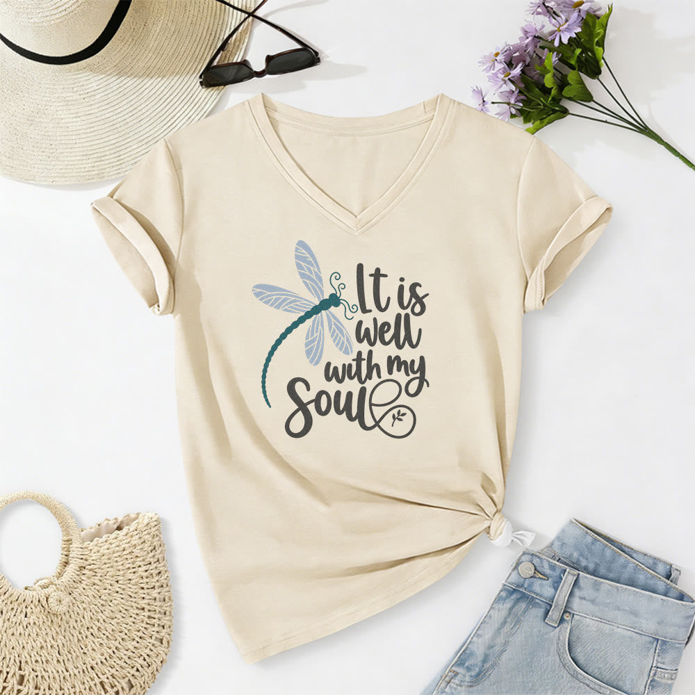 Christianartworkshop It Is Well With My Soul  Dragonfly Calligraphy Print Casual V-neck T-shirt - Beige - 2XL - image 2