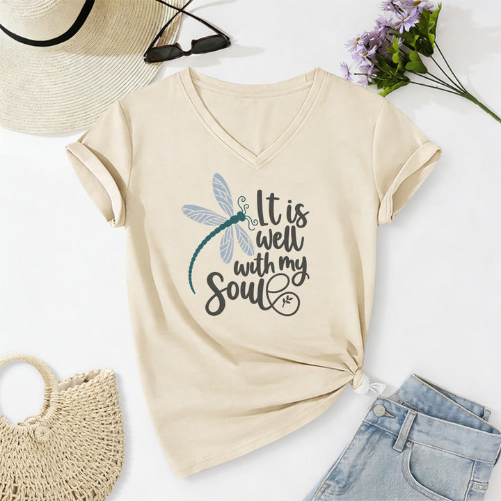 Christianartworkshop It Is Well With My Soul  Dragonfly Calligraphy Print Casual V-neck T-shirt - Beige - 2XL - image 2