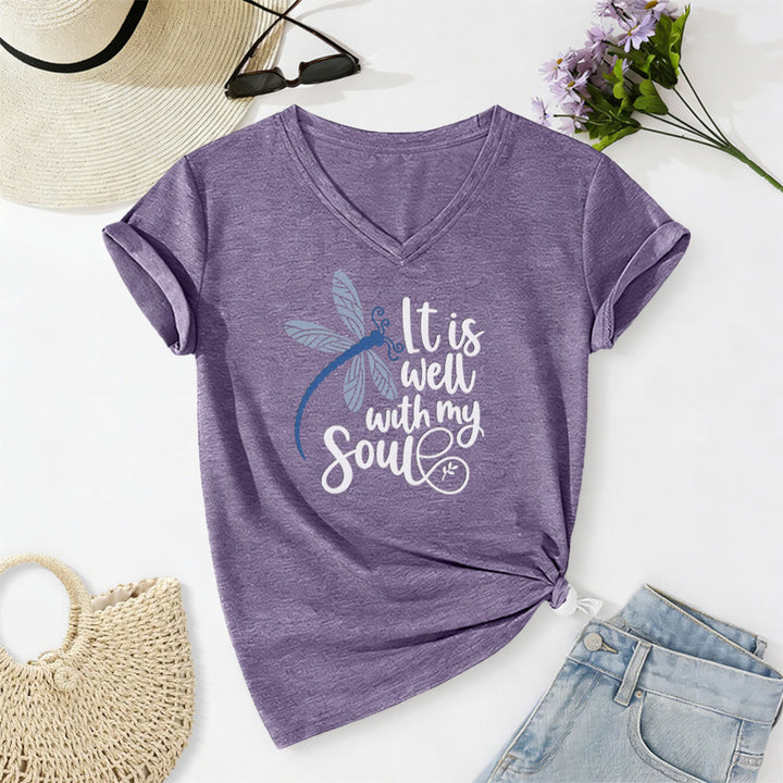 Christianartworkshop It Is Well With My Soul  Dragonfly Calligraphy Print Casual V-neck T-shirt - Purple - 2XL - image 16