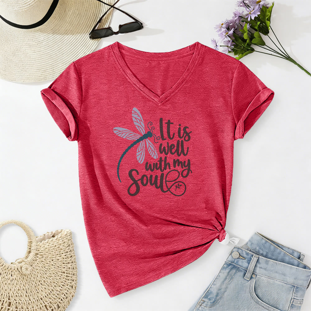 Christianartworkshop It Is Well With My Soul  Dragonfly Calligraphy Print Casual V-neck T-shirt - Red - 2XL - image 22