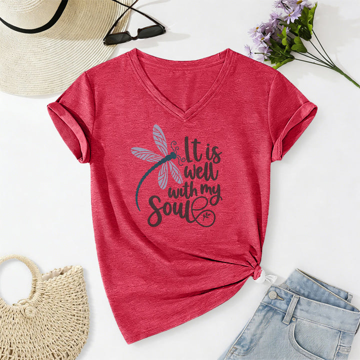 Christianartworkshop It Is Well With My Soul  Dragonfly Calligraphy Print Casual V-neck T-shirt - Red - 2XL - image 22