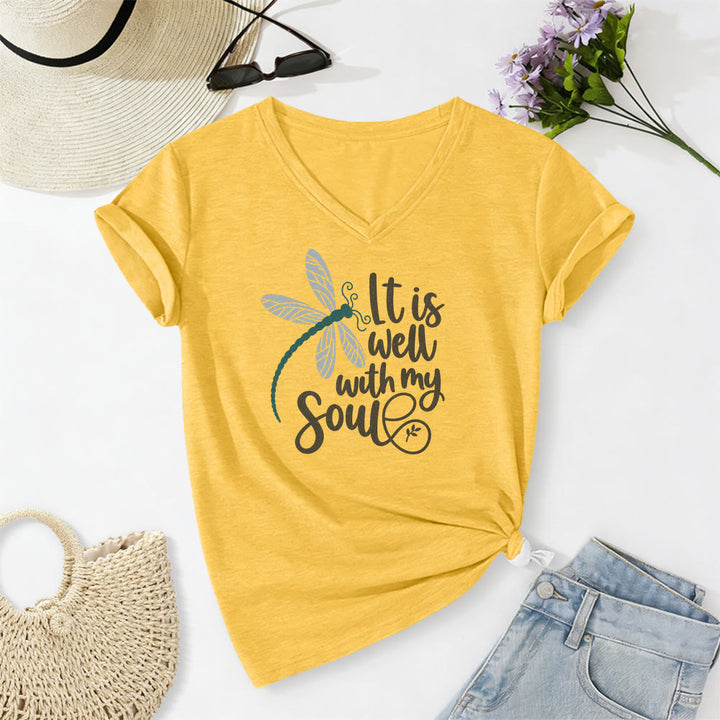 Christianartworkshop It Is Well With My Soul  Dragonfly Calligraphy Print Casual V-neck T-shirt - Yellow - 2XL - image 0